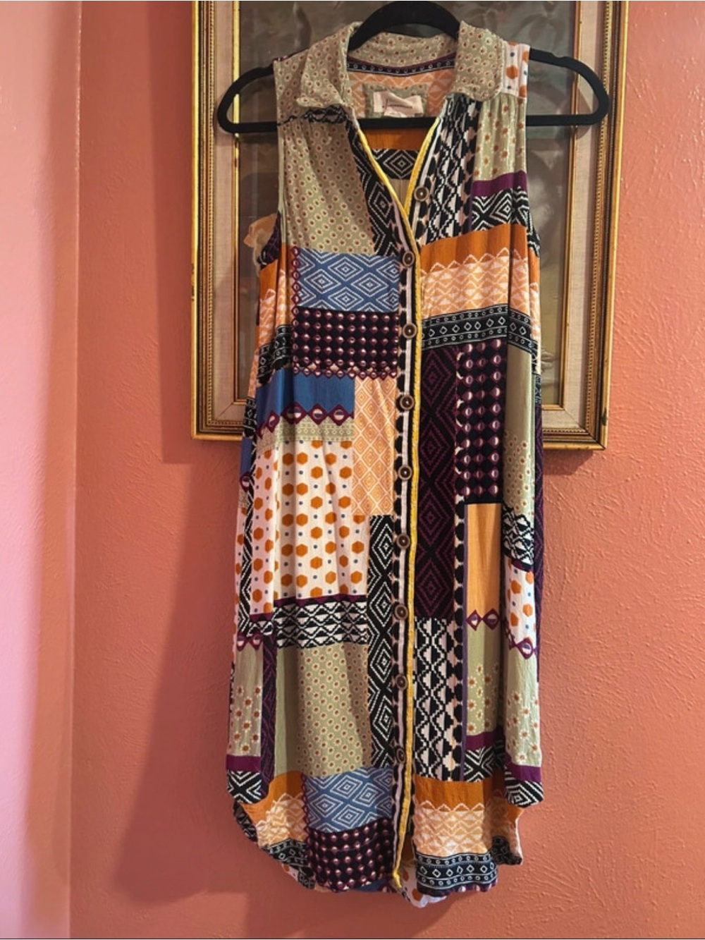 Anthropologie Multi-Print Sleeveless Button-Front Dress in Mustard, Blue & Plum